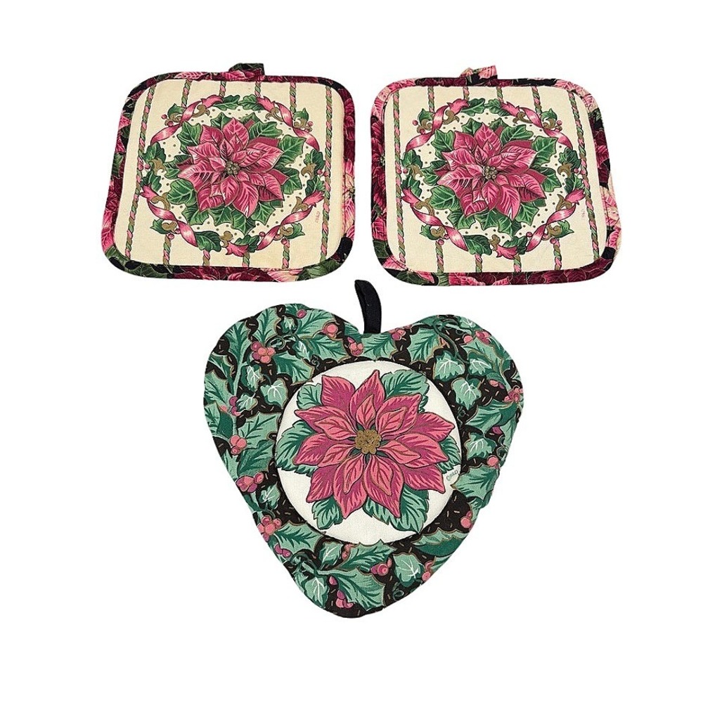 Poinsettia Cottage Country‎ Core Floral Pot Holder 3 Pc Christmas Kitchen Decor